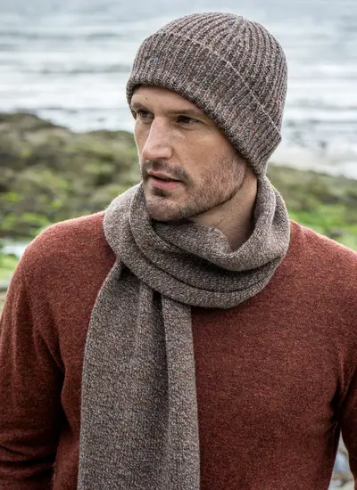 Personalized cashmere wool beanie in hazel brown, ribbed knit design, made in Ireland, worn with matching scarf